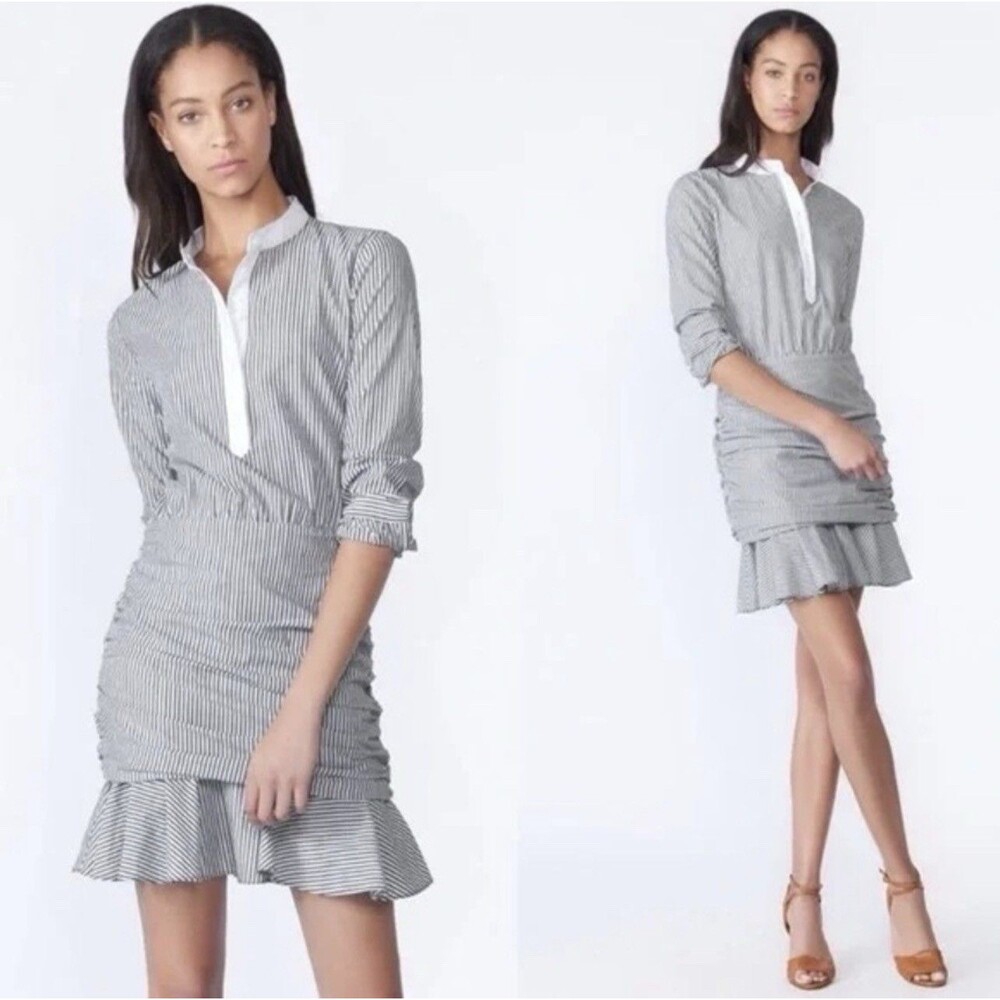 VERONICA BEARD Everett Mini Dress SMALL Cotton Ruffle Ruching Black White Stripe